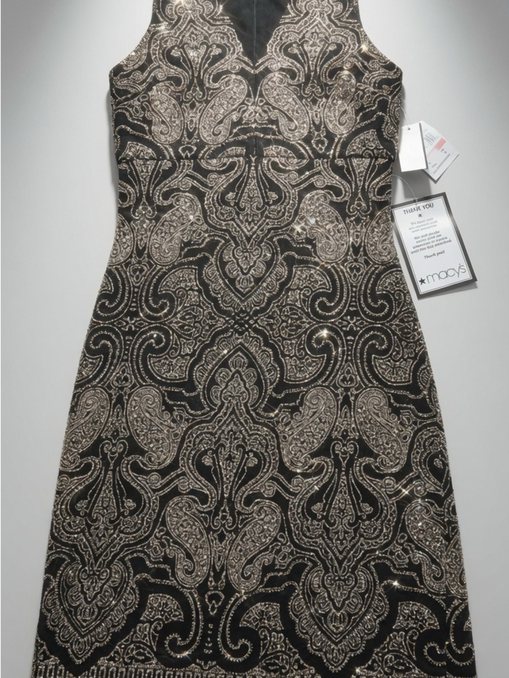 Macy's Black Sleeveless Midi Dress with Gold Paisley Embellishment